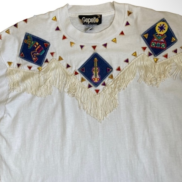 Vintage 90s Gepetto Western Fringe Bejeweled T-Shirt White Single Stitch Sz L - Picture 6 of 16